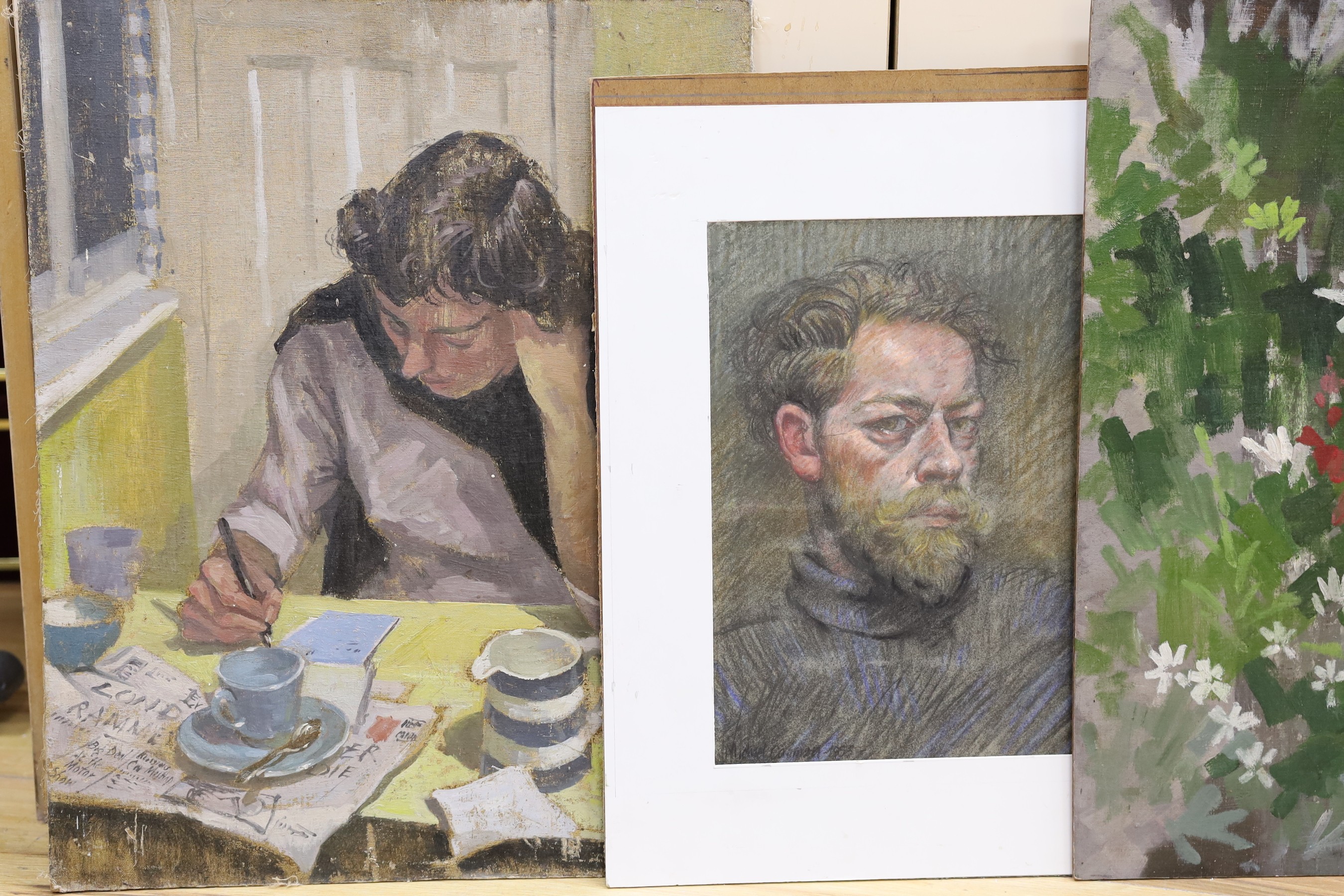 Michael Lawrence Cadman (1920-2010), five oils on board, Landscapes and figure studies, unfinished sketches, together with two watercolours and a pastel portrait, largest 51 x 41cm, mostly unframed